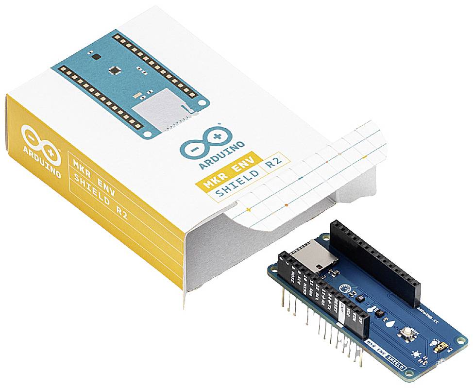 Arduino MKR ENV Shield R2 next to an opened package. The blue board has multiple pins and sensor surfaces. Packaging displays the product image.