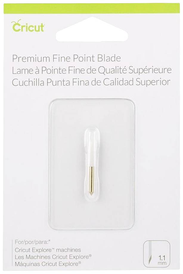 Packaging for a 'Premium Fine Point Blade' for Cricut Explore machines, showing a single blade piece in a clear plastic packaging.