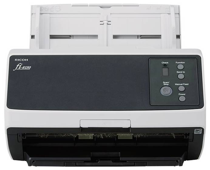 Ricoh fi-8150 document scanner with control panel and paper tray, designed for efficient high-speed scanning of documents.