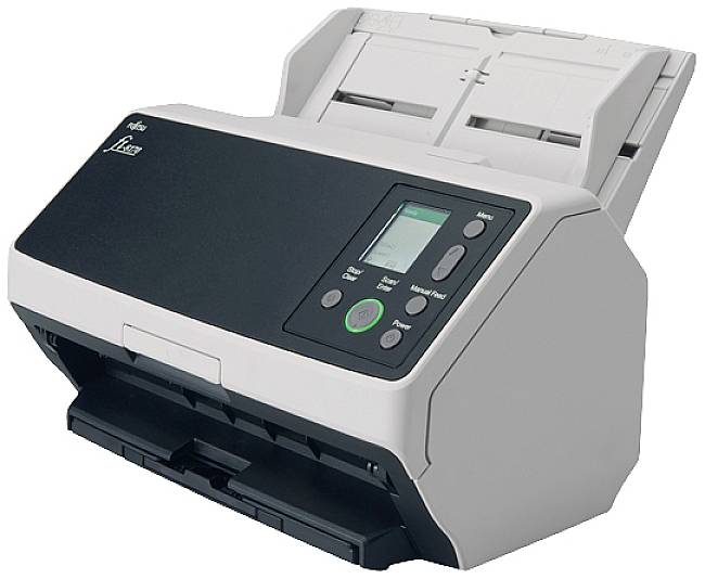 A desktop document scanner in grey and black with a keypad and display, suitable for scanning papers in offices.