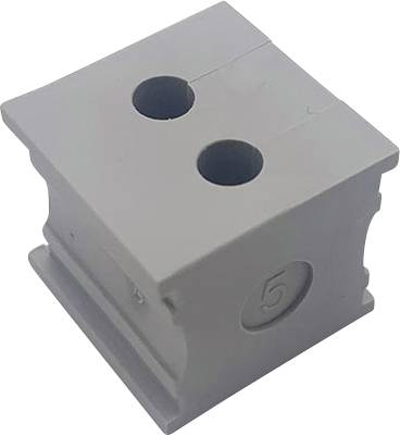 Grey plastic block with two round openings on the top surface and the number '5' on the side.