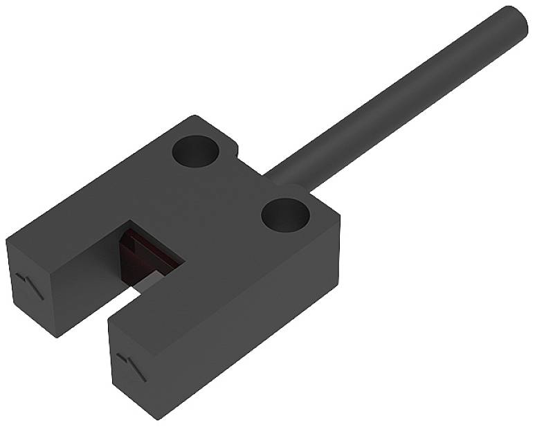 A black, U-shaped optical sensor with two mounting screw holes and a cable connection.