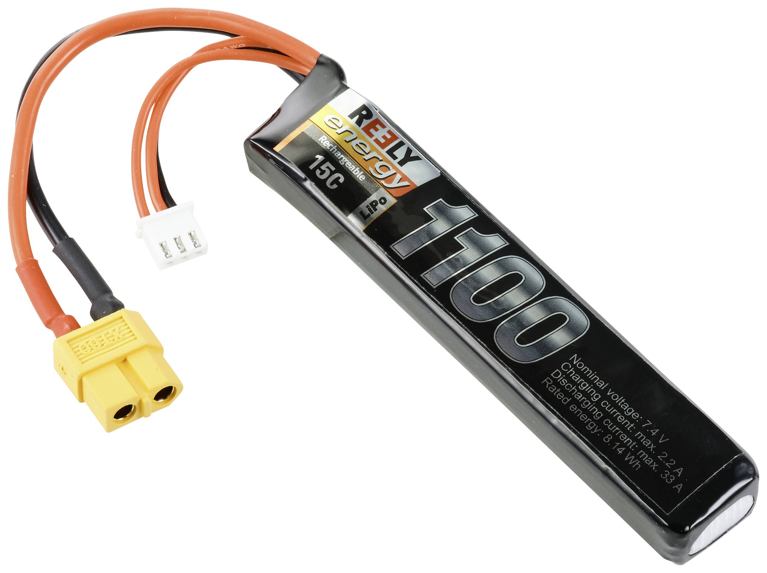 Lipo battery with 1100mAh, connection cable and yellow plug, suitable for remote-controlled models.