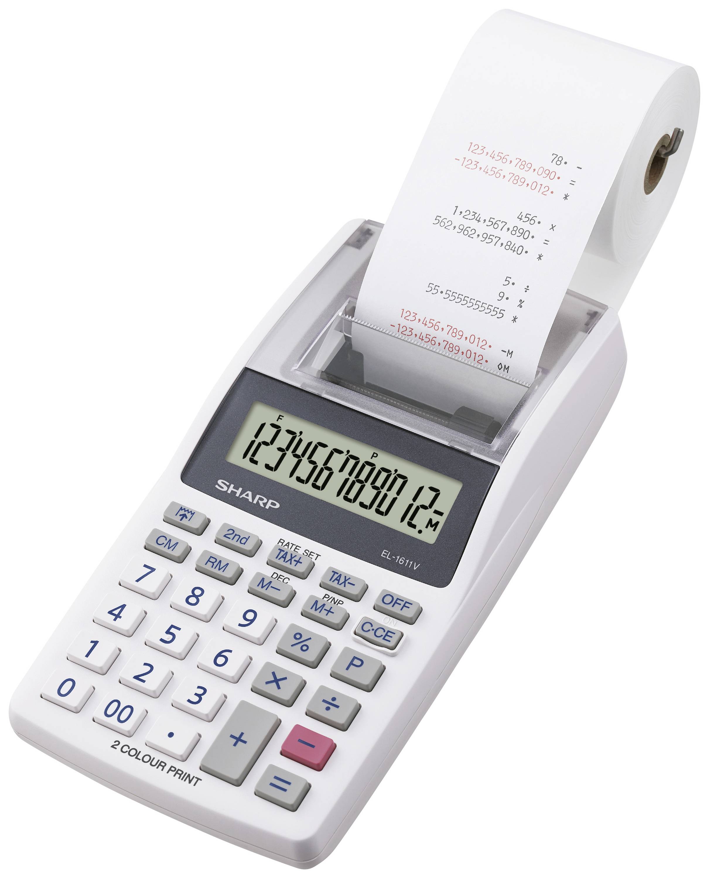 A desktop calculator with a paper roll displays '1234567890.12' on the screen. The paper roll is printed with red and black numbers.