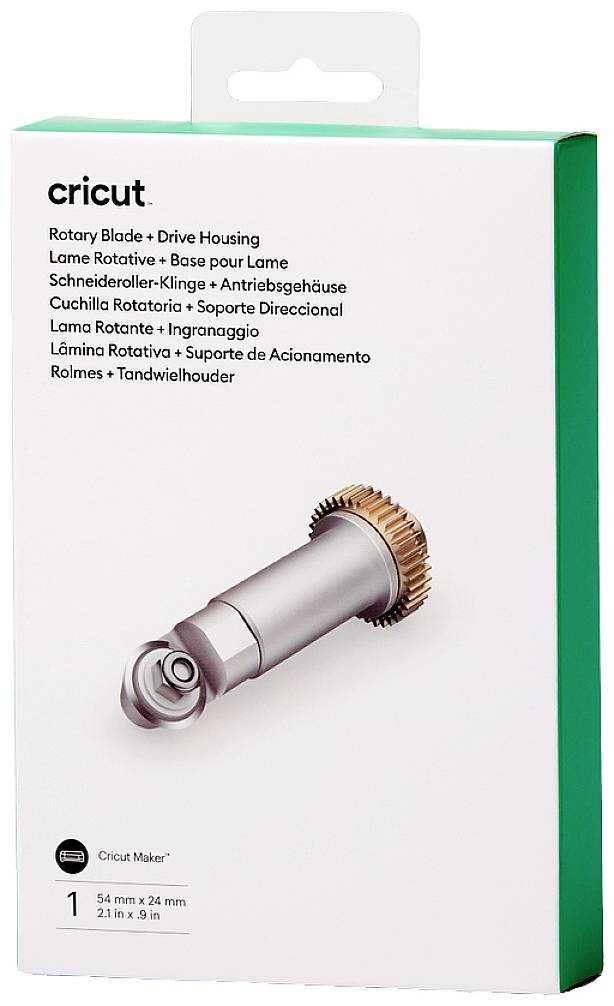 Packaging for a Cricut Rotary Blade, designed for use with the Cricut Maker. Includes description in multiple languages.
