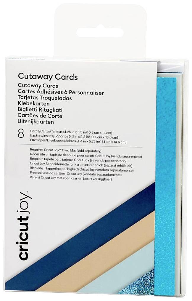 'Cutaway Cards' pack with 8 cards and envelopes in various colours. Compatible with Cricut Joy cutting tool.