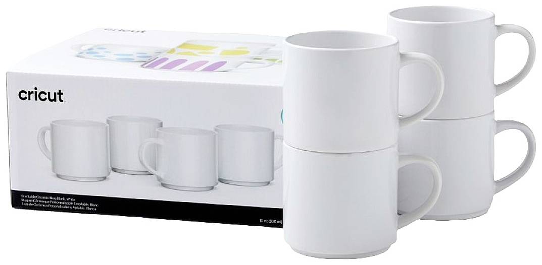 Four stackable white mugs next to a packaging with the same design, Cricut logo on the packaging.