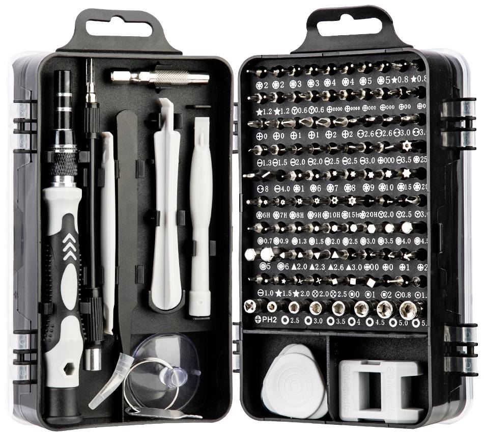 Small toolbox with various screwdriver bits and precision tools, opened and fully visible.