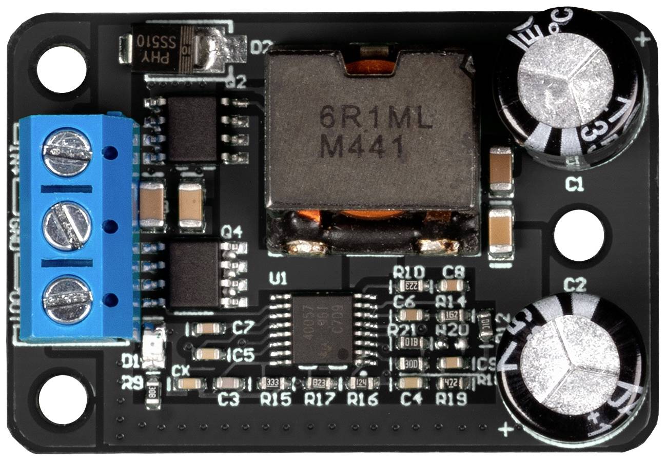 An electronic circuit with capacitors, resistors and a microchip, mounted on a circuit board.