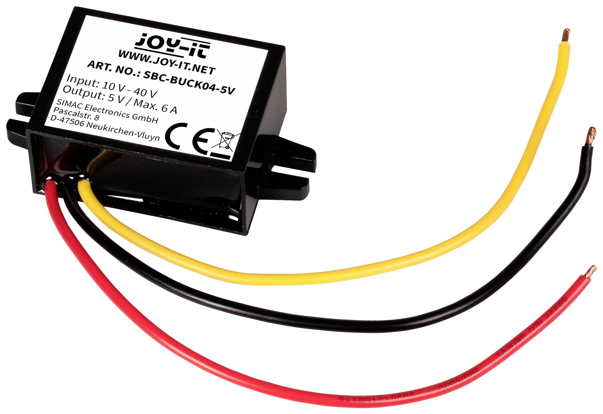 A small black voltage converter (JOY-IT) with yellow, red, and black cable. Printed label shows voltage specifications.