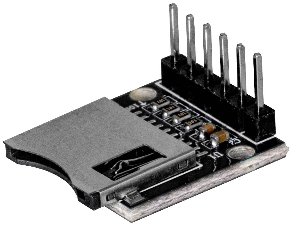 An SD card module with a card slot and electronic components, used for expanding storage in electronic projects.