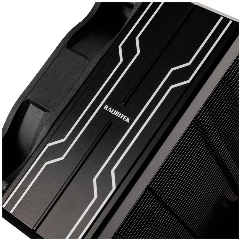 A black and silver Raijintek computer fan with geometric lines, showcasing modern design and technical details.