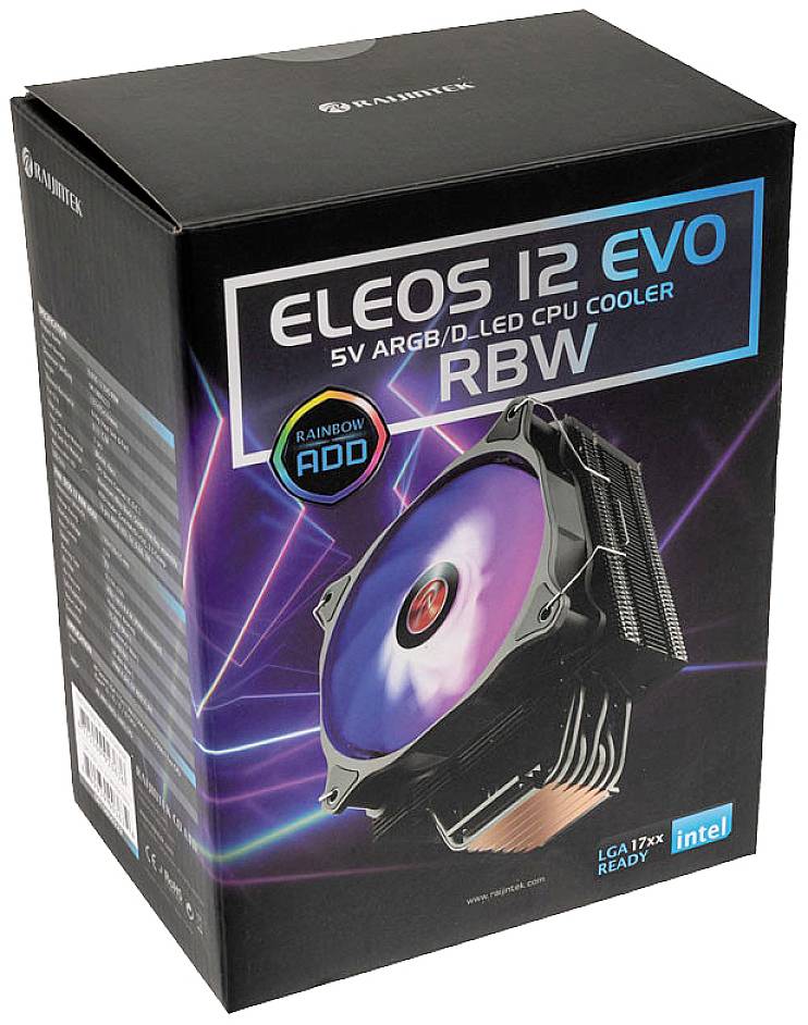 Packaging of a 'Raijintek ELEOS 12 EVO' CPU cooler with ARGB lighting, compatible with Intel sockets, pictured against a futuristic background.
