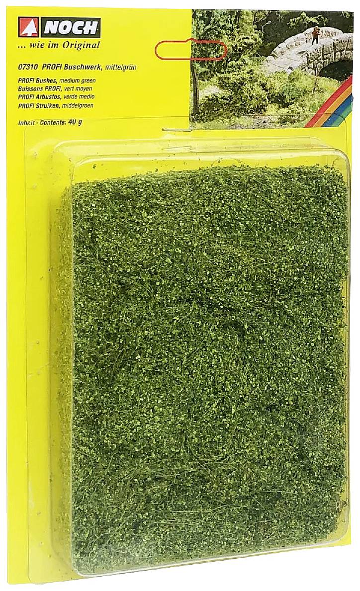 'Model Landscaping Foliage, mid-green' by NOCH, in a transparent packaging. Contains 40g, ideal for realistic model landscapes.