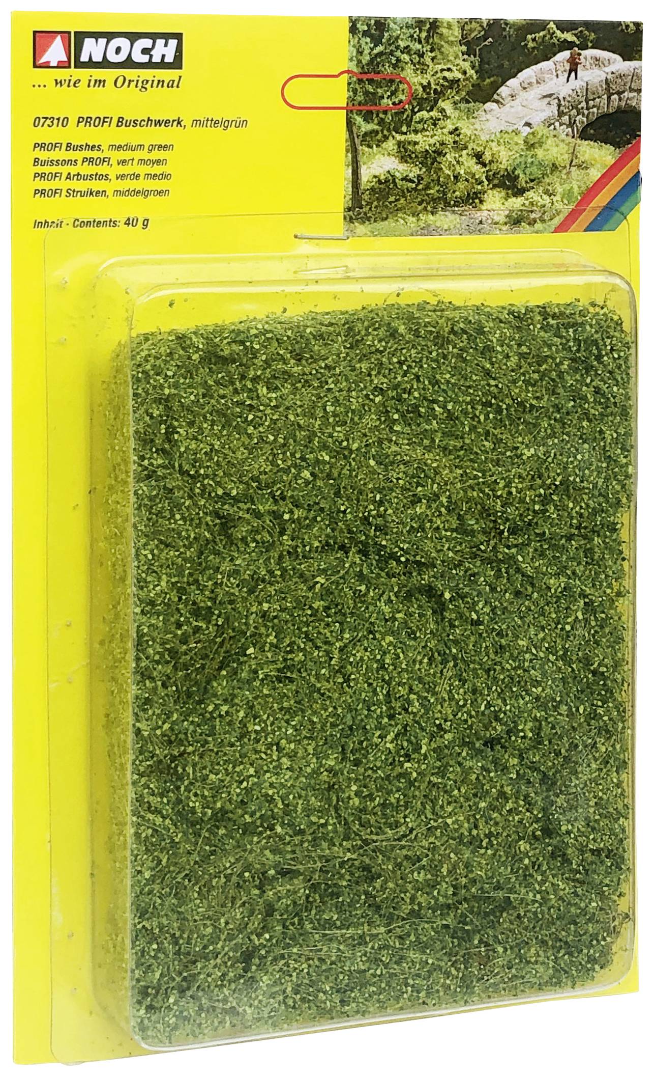 Packaging of model railway moss in medium green, for use in model railways or dioramas, by the brand 'Noch'.