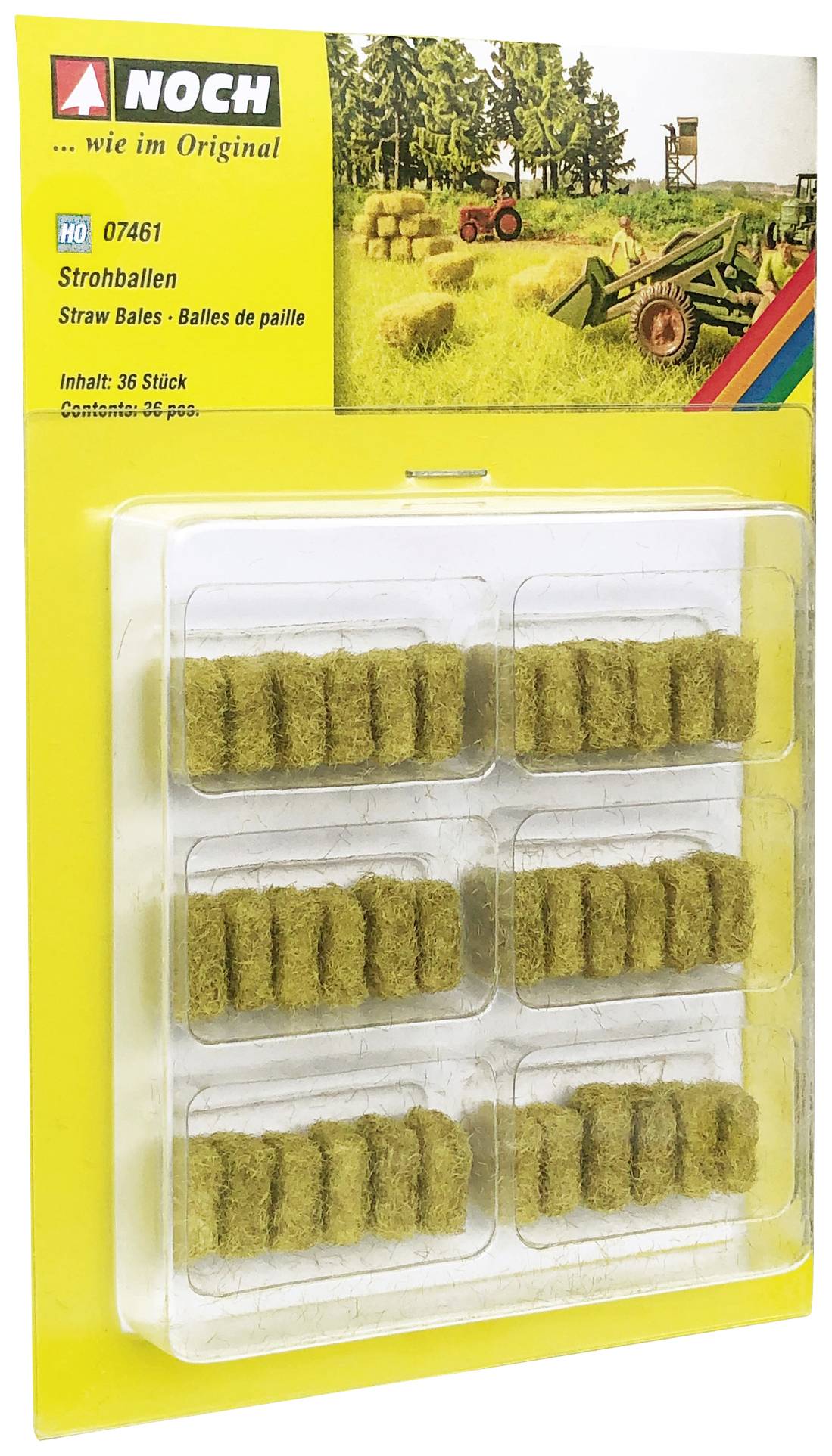 'NOCH Straw Bales' packaging with plastic foam block models of straw bales for model-making, detailed scenery representation.