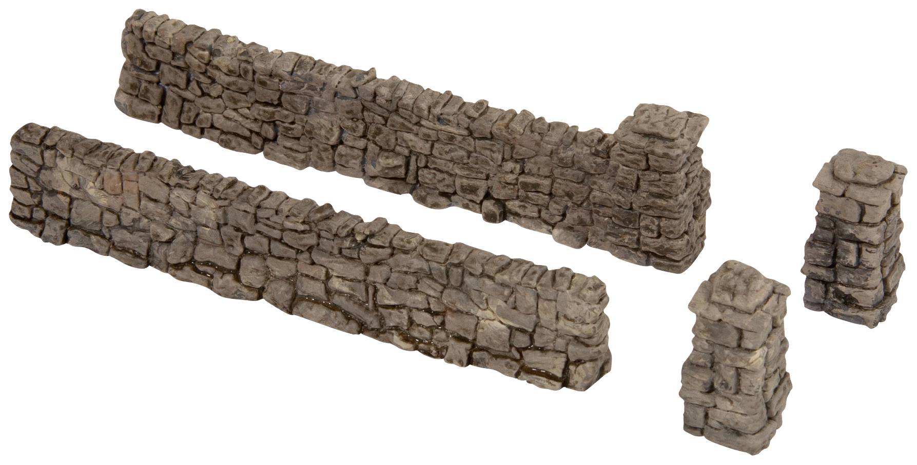 Stone walls and pillars of various sizes that can be used for models or miniature structures.