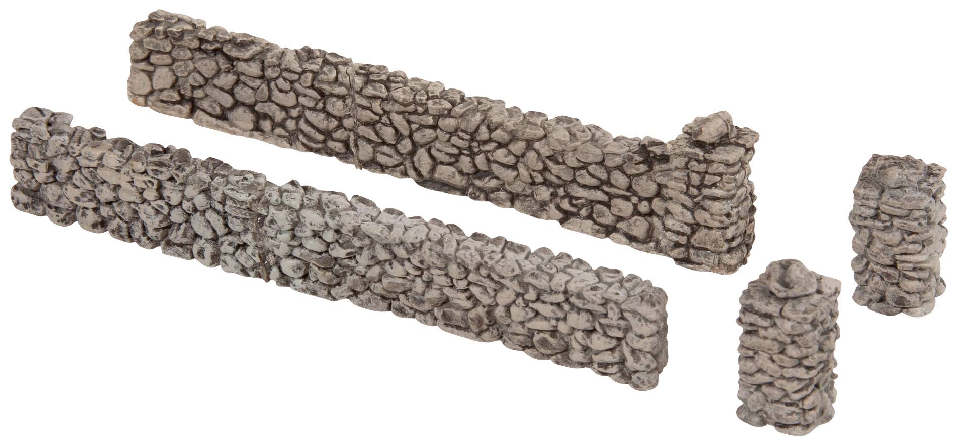 Stone wall models in miniature scale, consisting of four segments of different lengths and shapes, on a white background.