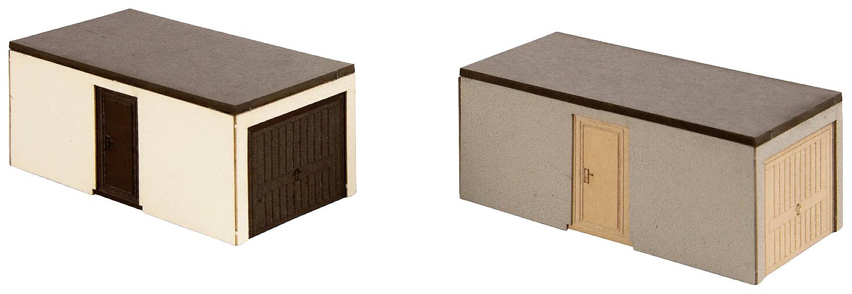 Two model garages side by side, each with a door and a garage door in different colours.