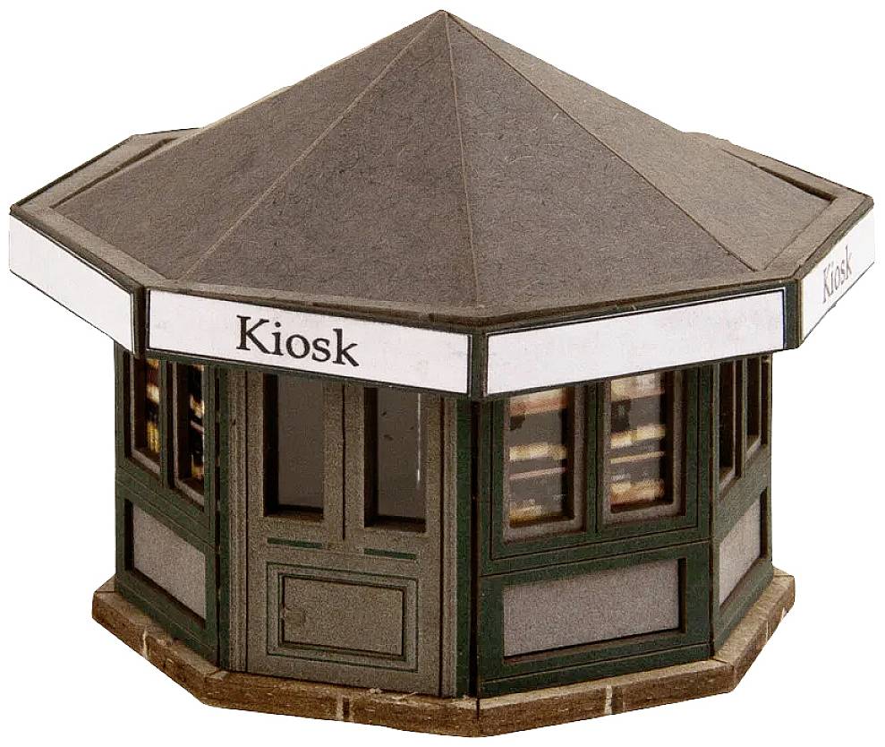 An octagonal kiosk with the word 'Kiosk' written on its facade. It has several windows and a door.