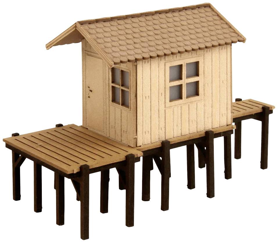 Model of a wooden house on stilts, with a small veranda.
