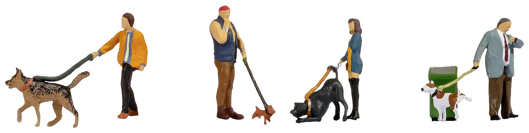 Three figures with dogs: One person is walking a dog on a lead, a second person is feeding a dog, a third is disposing of rubbish.