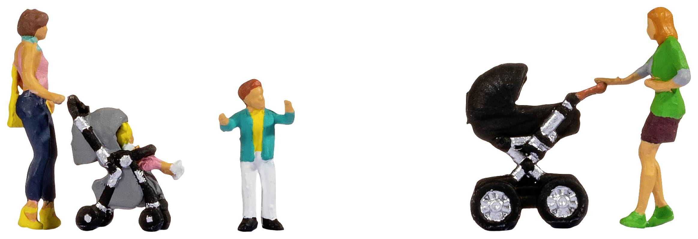 Miniature figures: Two women, one pushing a pushchair, the other holding a toddler. A small child raises their arms.