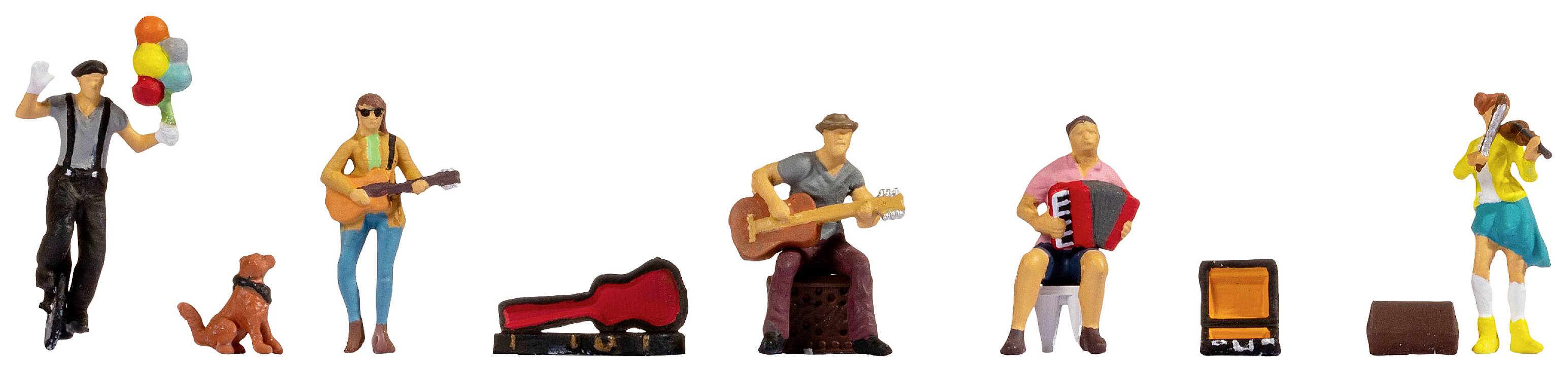 Six miniature figures: A man with balloons, a woman with a guitar and dog, guitarist, accordion player, two dancers.