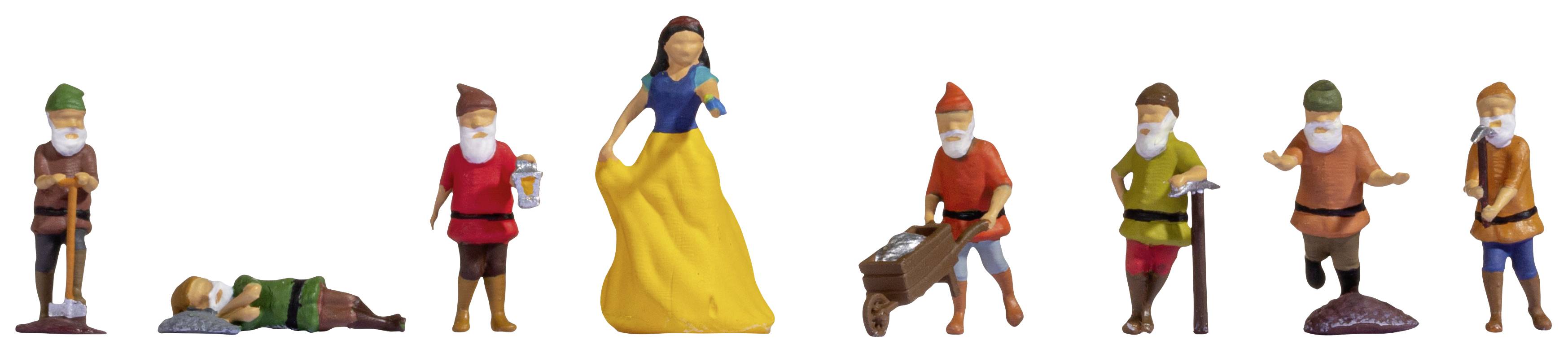 Snow White stands in the centre, surrounded by seven dwarfs in various poses and colourful attire.