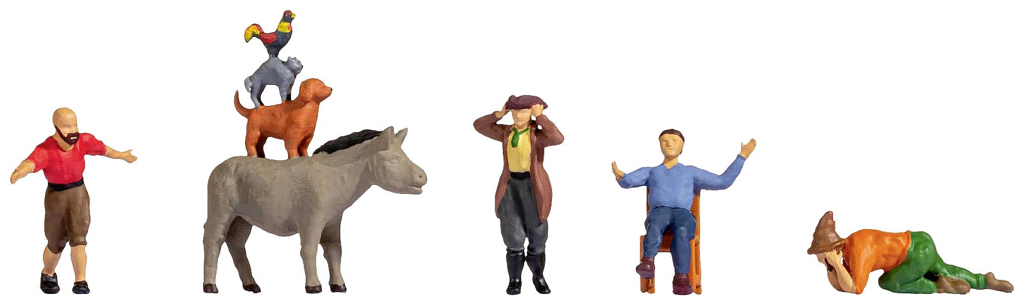 Five figures depict the Bremen Town Musicians: a cockerel, a cat, a dog, perched on a donkey, alongside two human figures in different poses.
