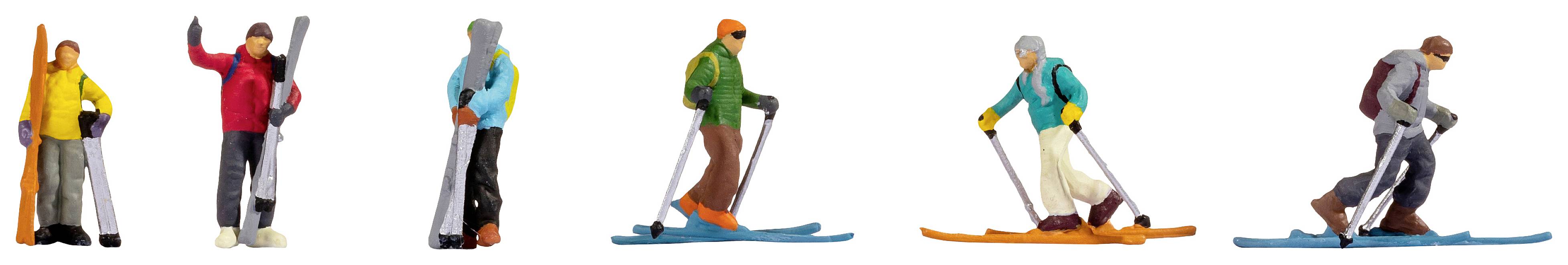 Six figures in ski gear: Two standing and four in different skiing positions, all wearing colourful jackets.