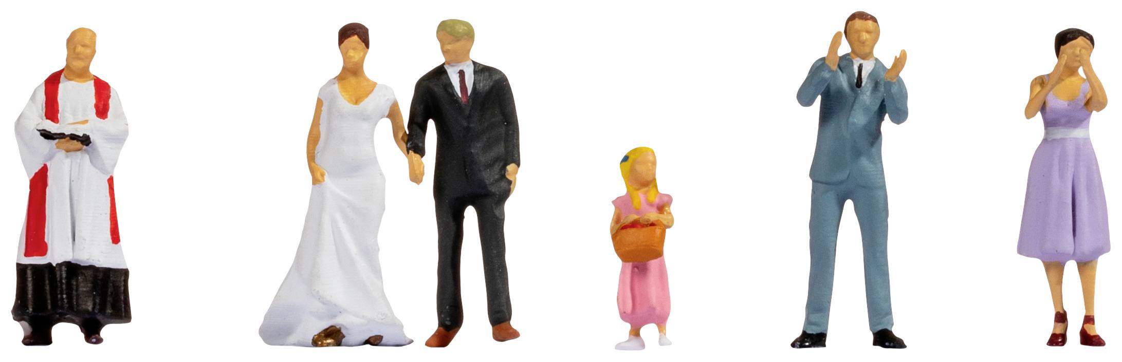 Miniature Figures: A priest, a bride and groom, a girl with a basket, a man applauding, and a woman covering her face.