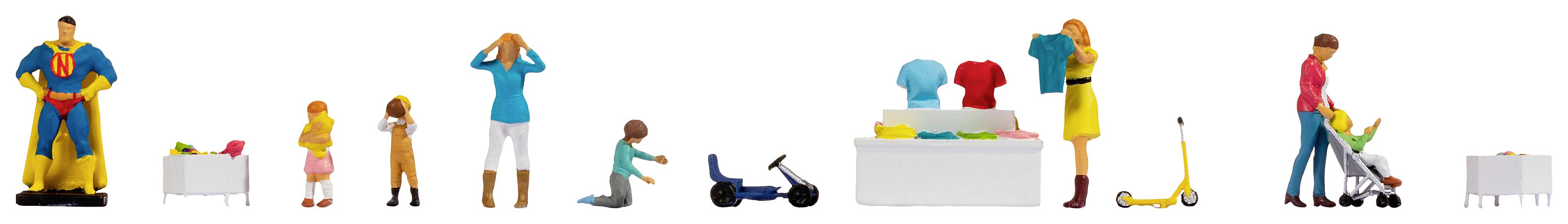 A series of miniature figures depicts everyday scenes: a family shopping, a child on a scooter, and a child dressed as a superhero.