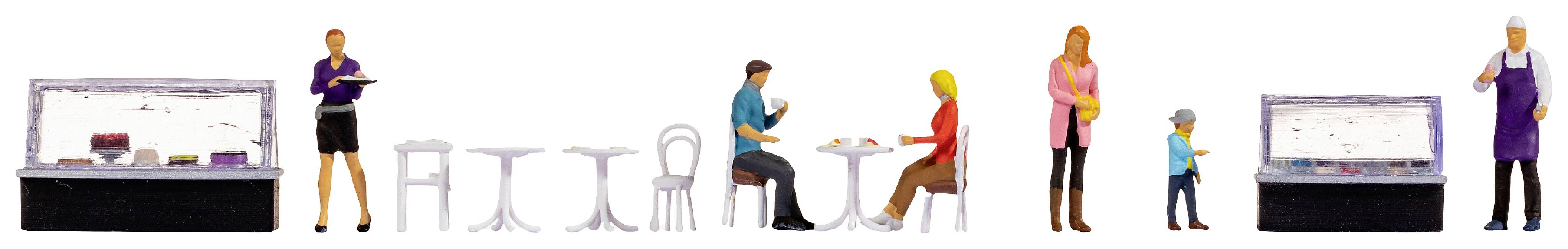 A miniature café scene: waiter with a tray on the left, couple seated at the table in the middle, mother and child standing, chef on the right.