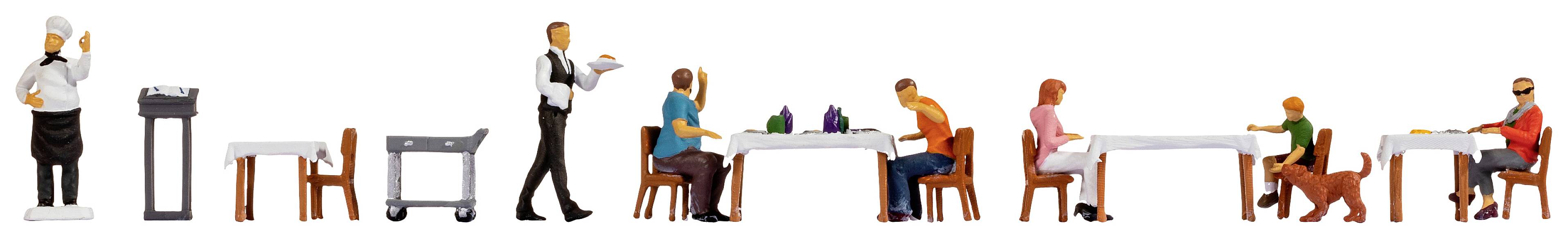 Toy figures in a restaurant: A chef, a waiter, and people at tables, some with a dog. Depiction of a dining scene.
