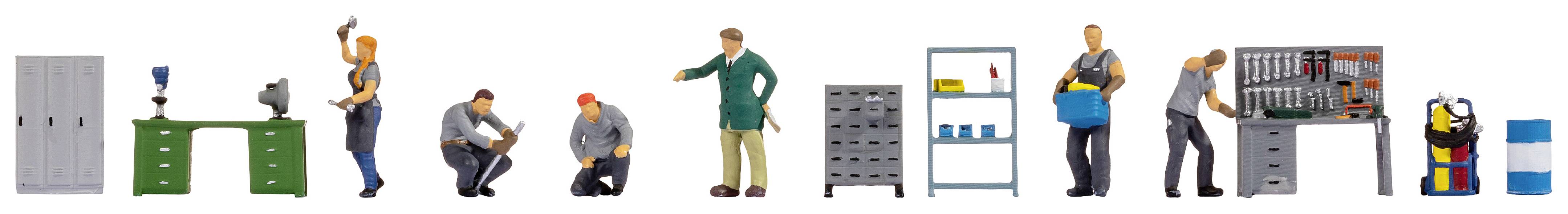 Miniature figures of people working in a workshop: a woman at a vice, three men performing various tasks, workbenches.