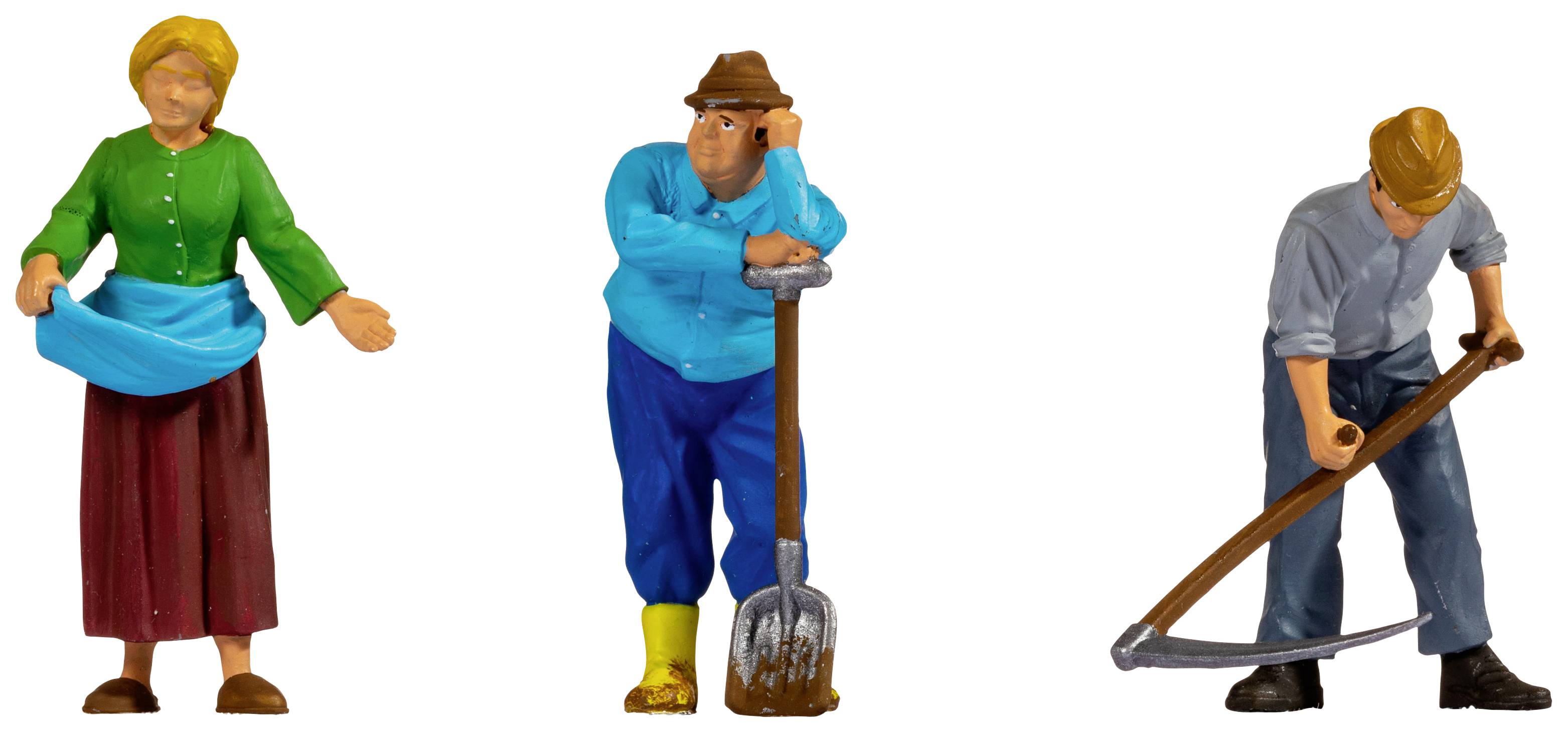 Three miniature figures: A woman and two men in peasant clothing. One of the men is holding a pickaxe, the other a scythe.