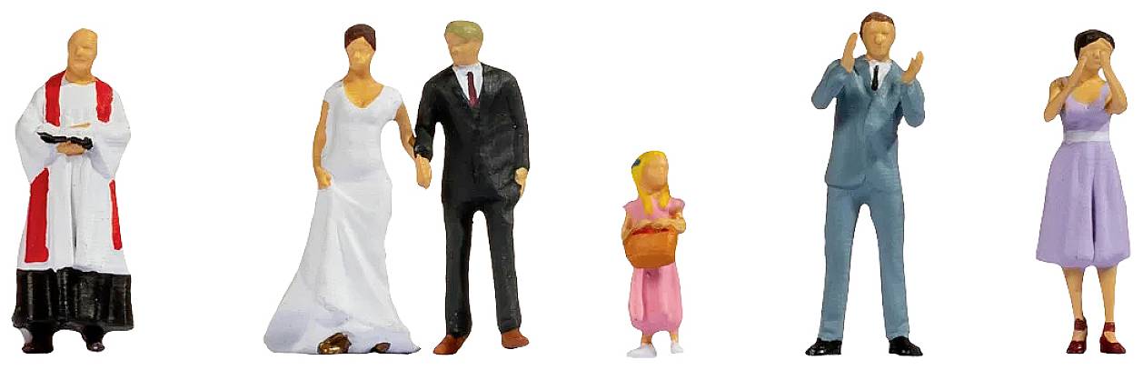 Miniature Figures: A priest, a bride and groom, a girl with a basket, a man applauding, and a woman covering her face.