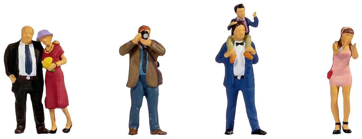 Small figures in everyday scenes: A couple poses, a person takes a photograph, a father carries his child on his shoulders, and a woman is on the phone.