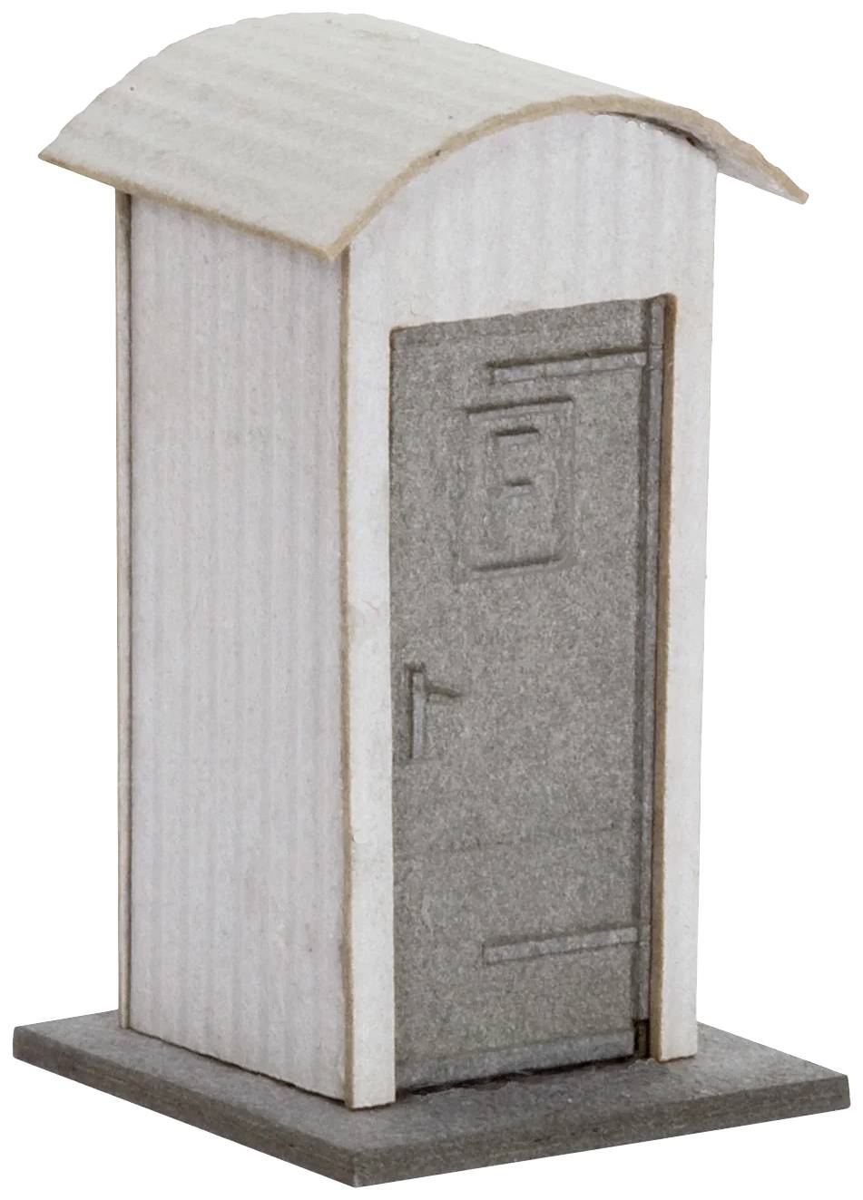 A small model of a corrugated iron shed with a grey door on a plinth.