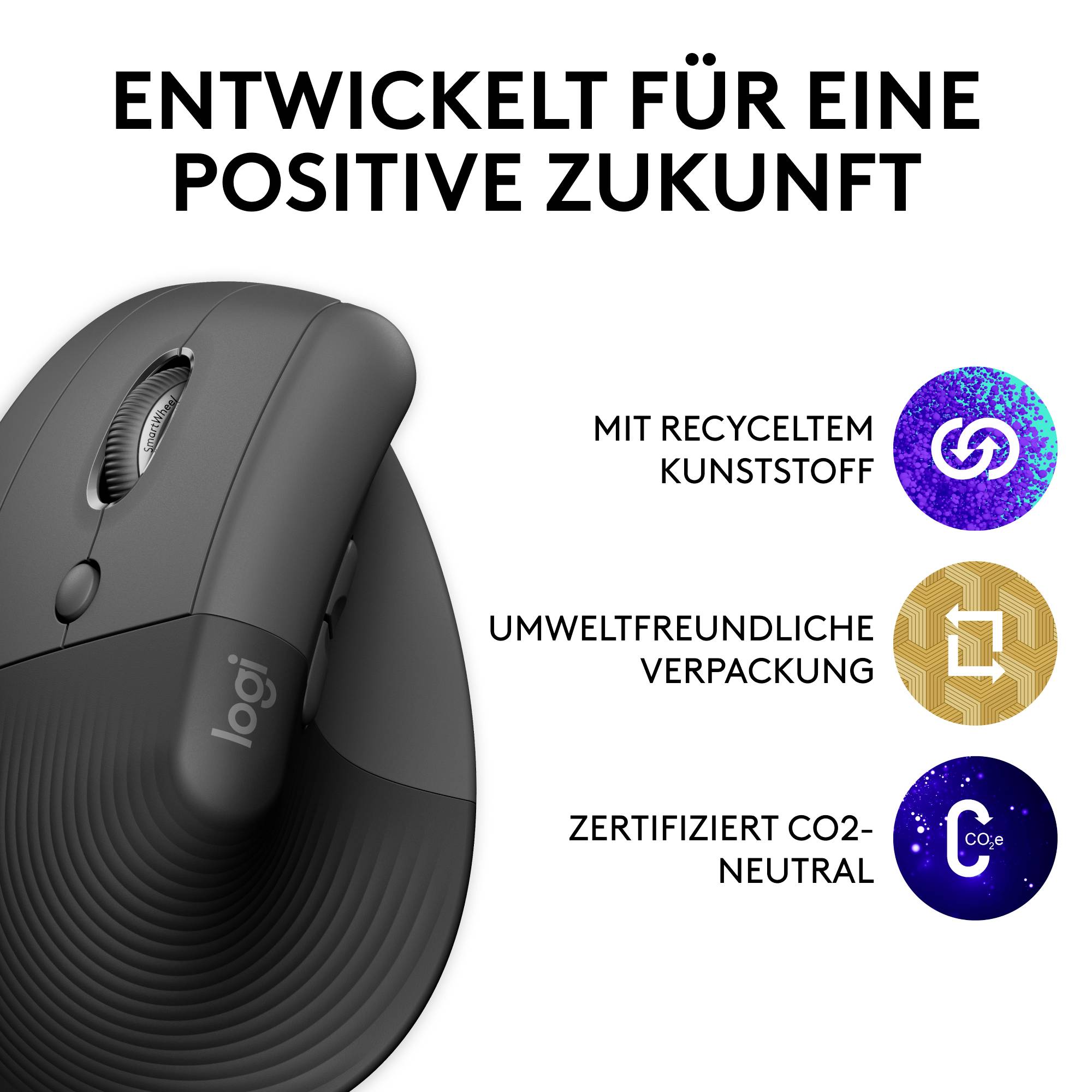 A black computer mouse next to symbols for 'recycled materials', 'eco-friendly packaging' and 'certified carbon neutral'. Text: 'Designed for a positive future'.
