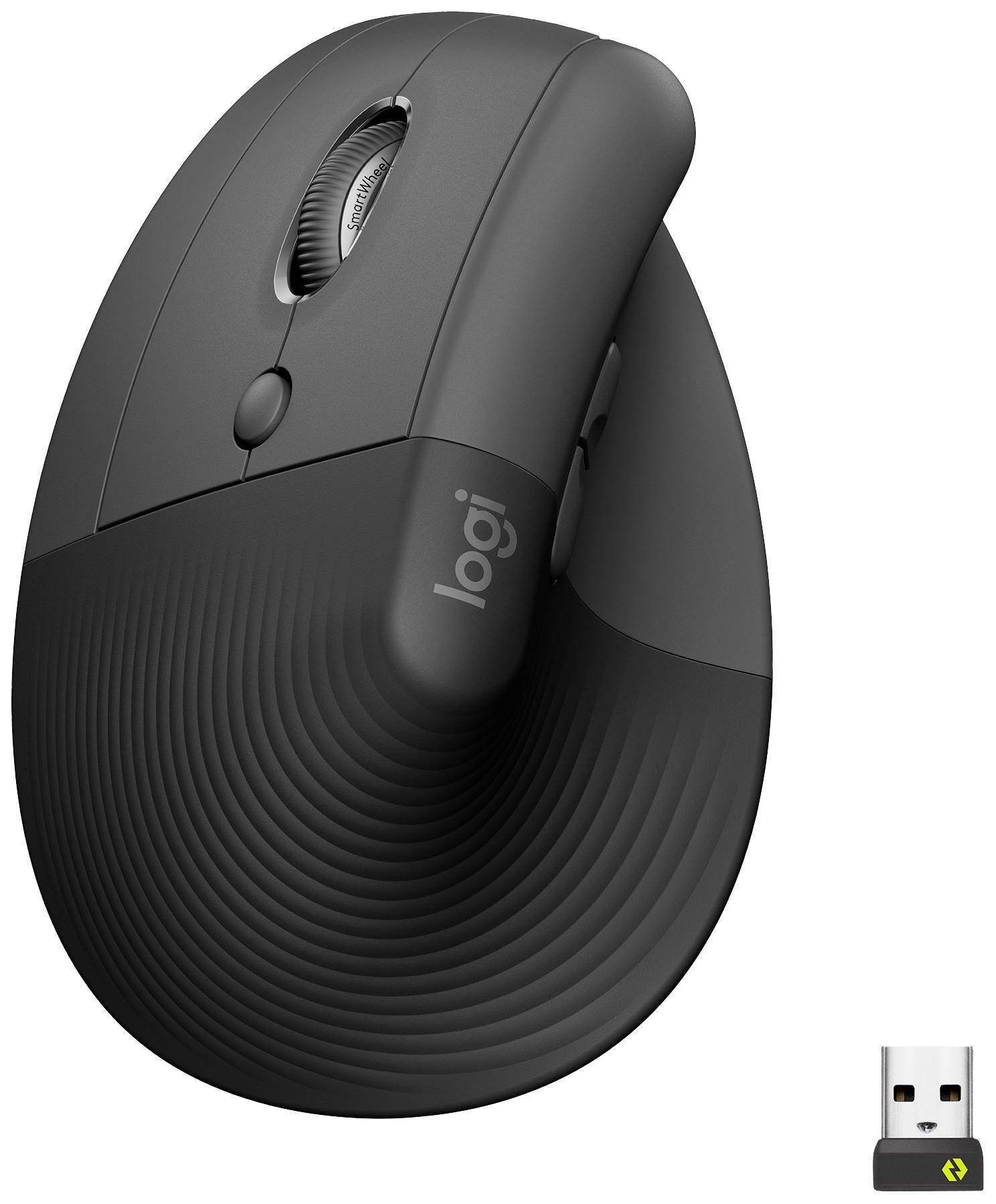 Ergonomic black computer mouse with a vertical design, scroll wheel and multiple buttons; USB dongle for wireless connection.