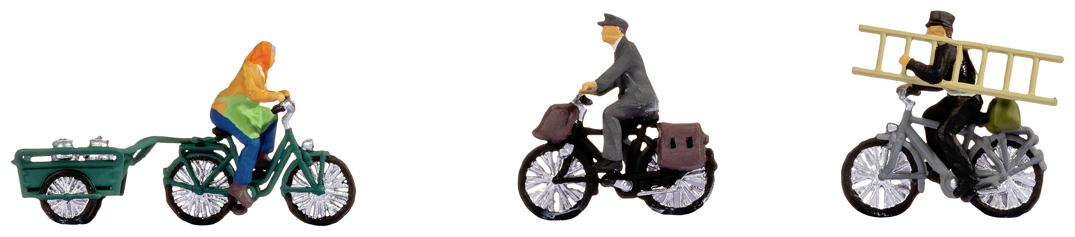 Three miniature figures on bicycles: one on the left with a trailer, one in the middle with panniers, and one on the right carrying a ladder.