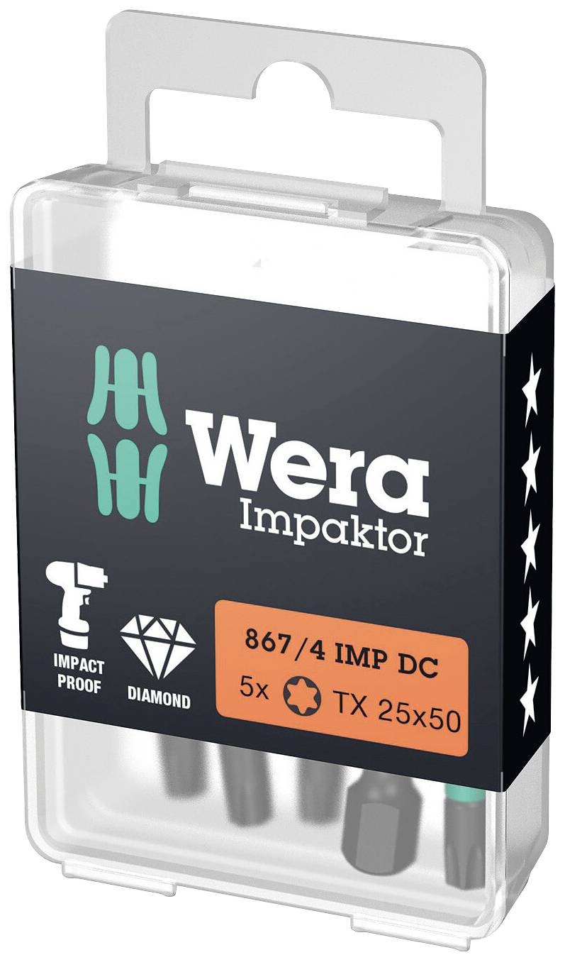 Wera Impaktor Screwdriver Bit Pack, 5 Pieces, TX 25x50. Features: 'Impact Proof', 'Diamond'.