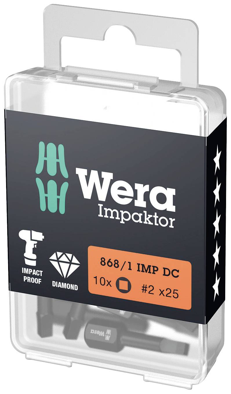 'Wera Impaktor' Bit Set 868/1 IMP DC in transparent packaging with 10 bits, impact resistance symbol, diamond symbol, Size #2 x 25 mm.