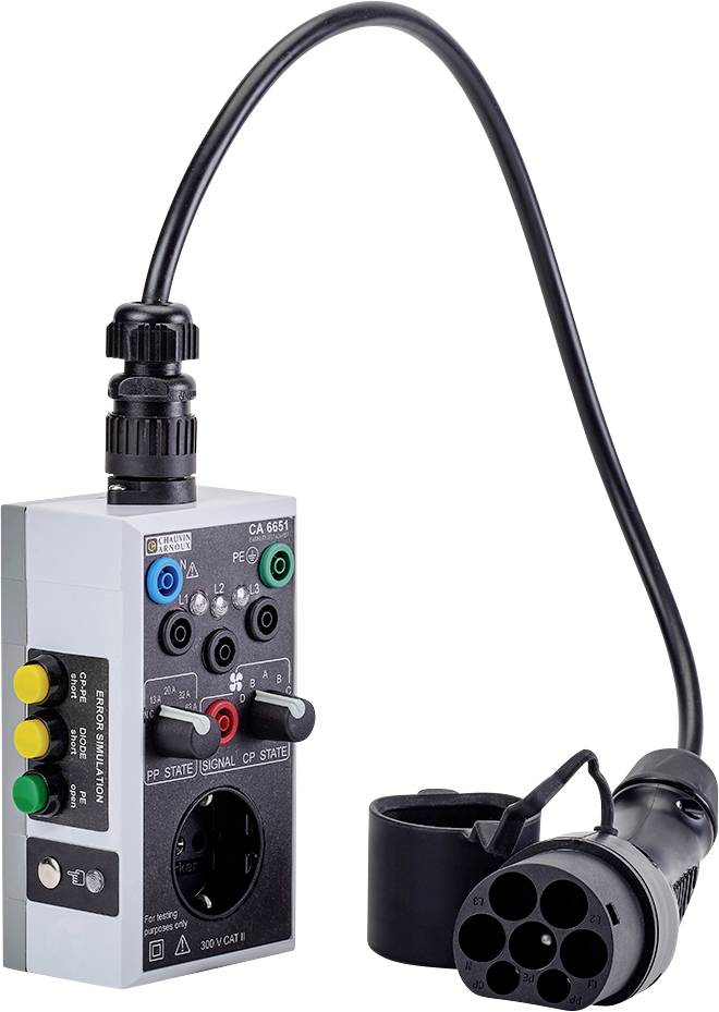 A testing device for charging stations shows various sockets and coloured switches on a grey housing with a cable.