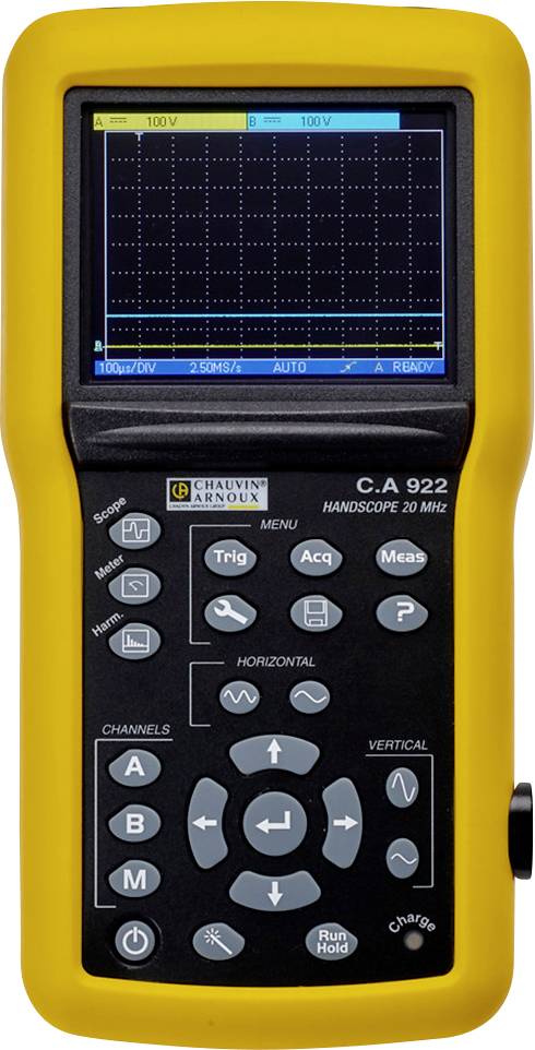 Handheld oscilloscope with a yellow casing. Screen displays a waveform. Controls and menu options visible underneath.