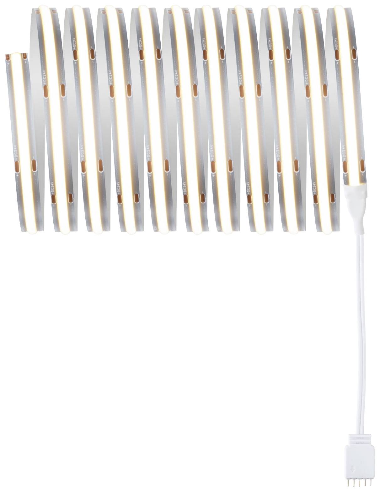 A coiled LED light strip with a connector on a white background.