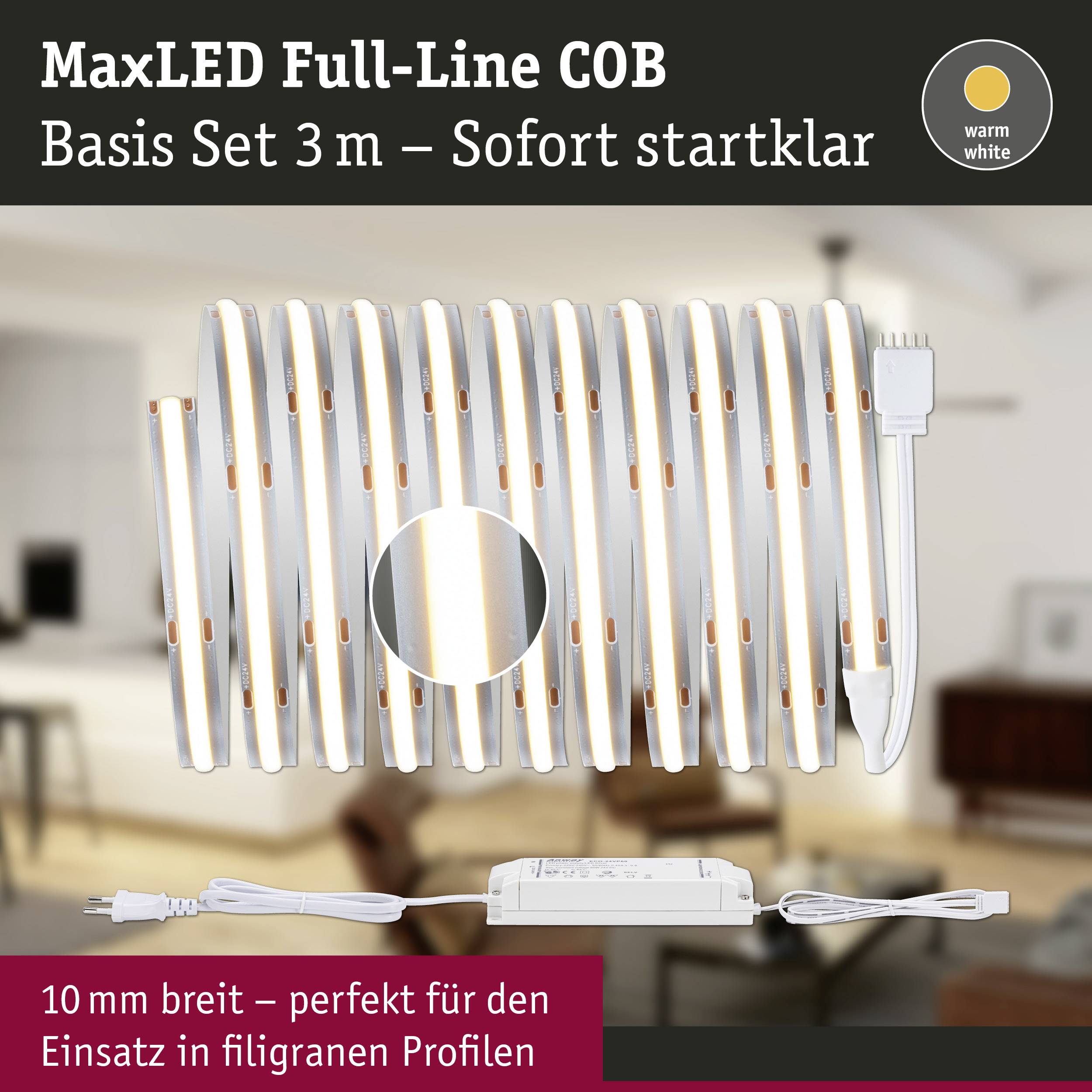 A rolled MaxLED COB light strip, 3 metres long, warm white light, ideal for delicate profiles. Ready to use immediately.