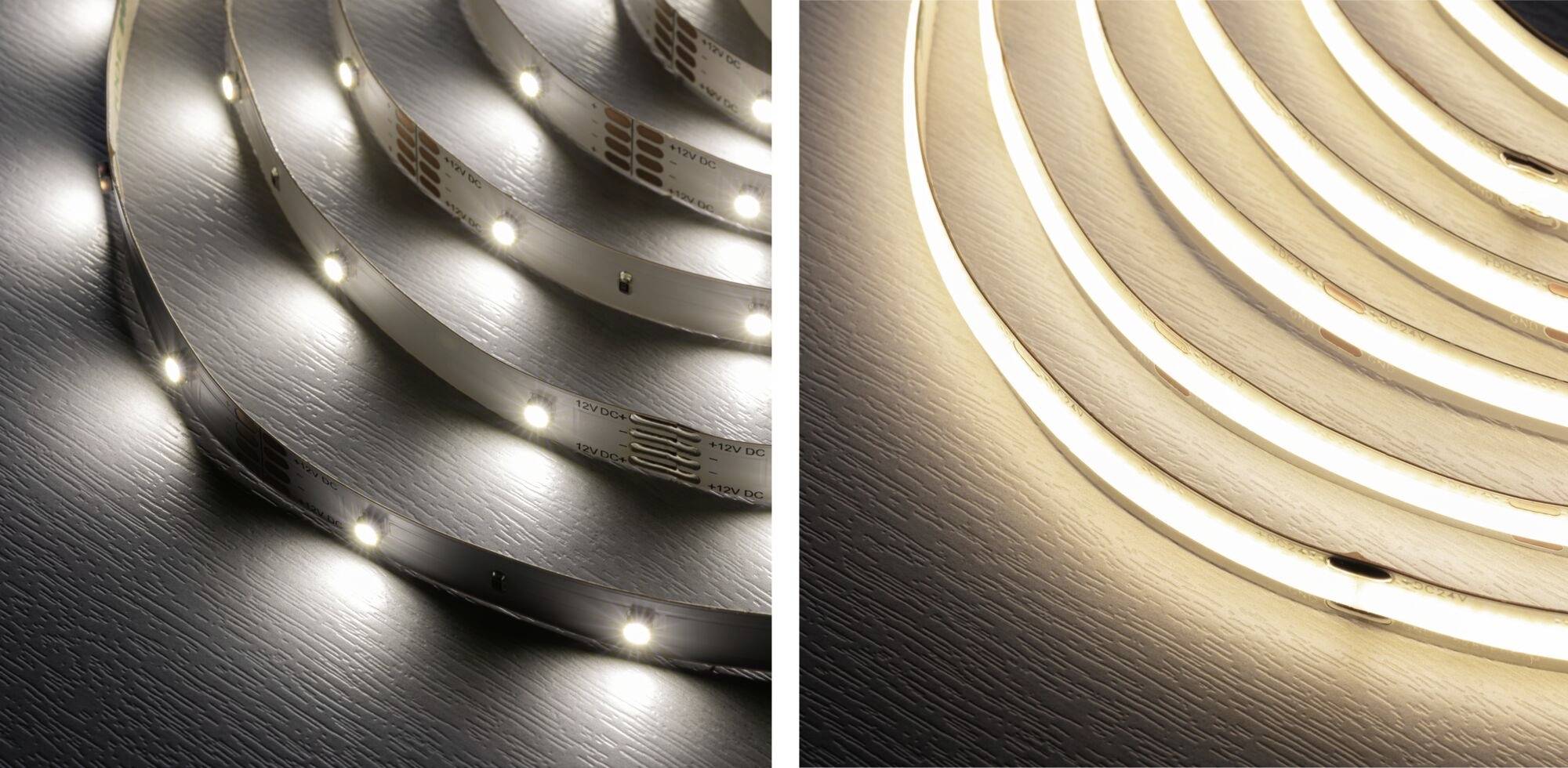 LED strips showing different light intensities. On the left: classic LEDs, on the right: continuous LED light bars, both on a dark background.